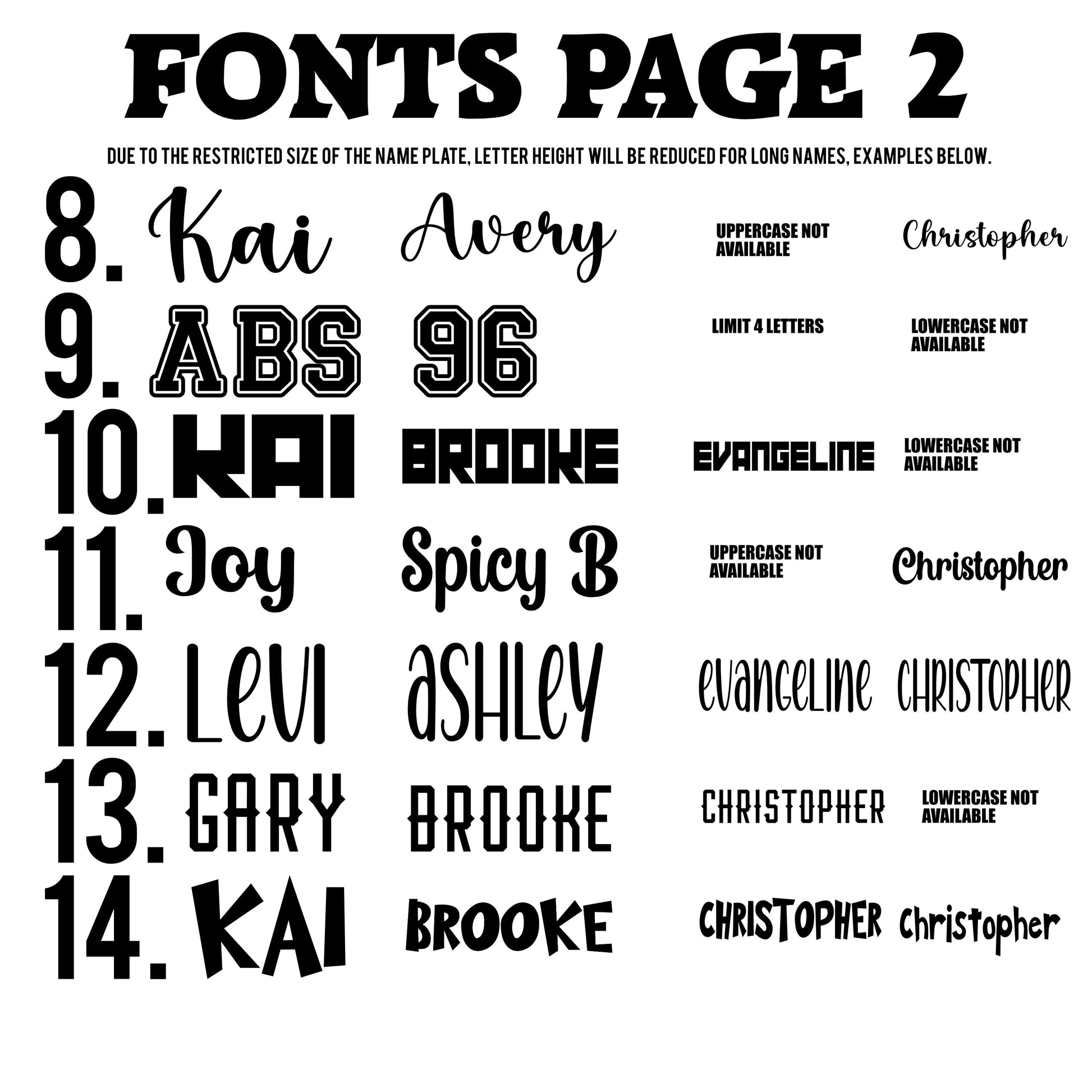a list of the additional 7 font options