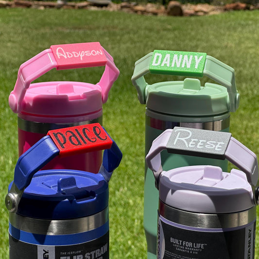 Name Plate for Stanley Tumbler Handle - IceFlow 30 oz or 20 oz Flip Straw Tumbler Handle Name Tag, Must have movable handle as shown